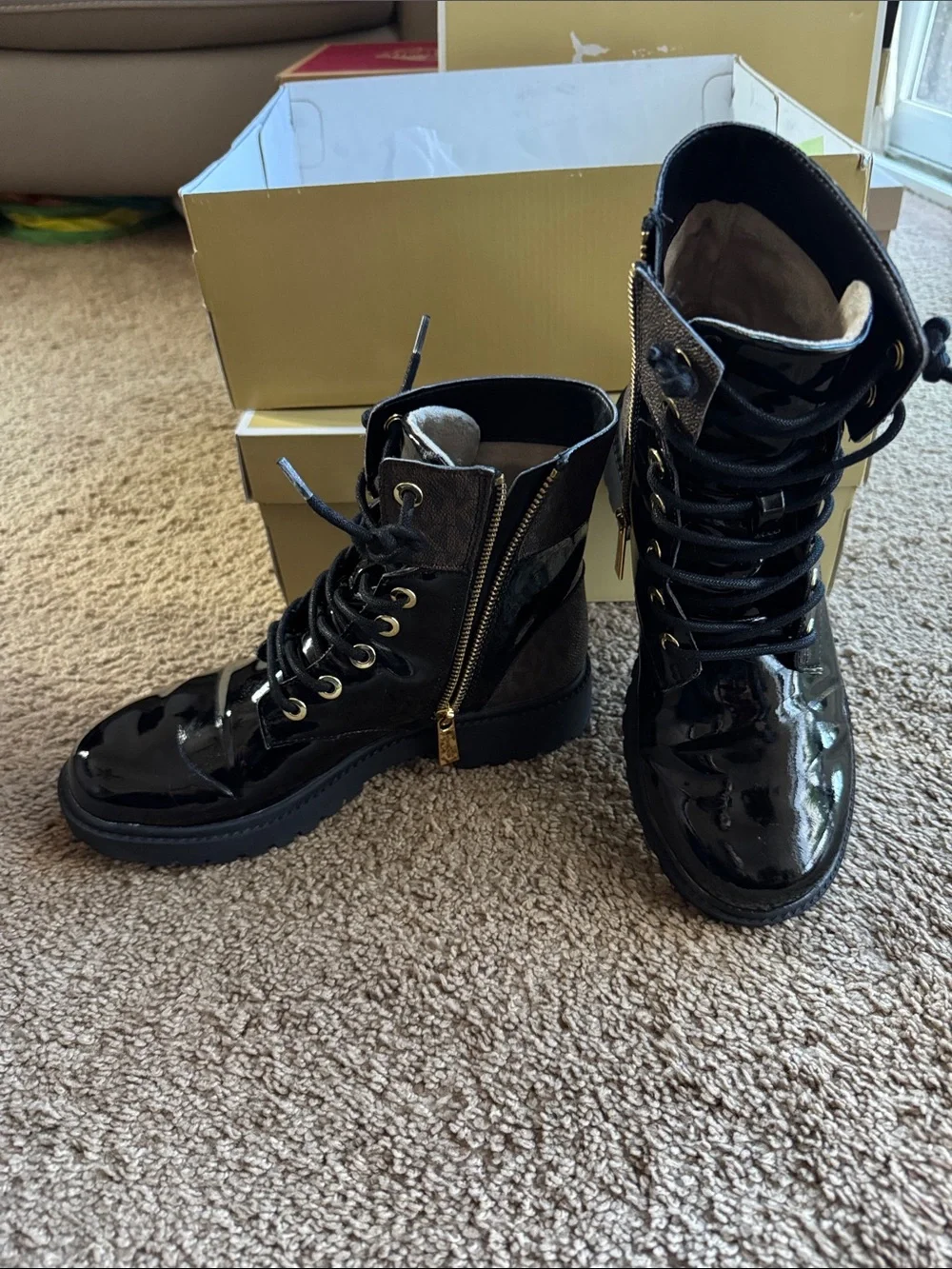 Michael Kors Black Patent Lace-Up Combat Boots with Gold Hardware